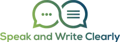 Speak and Write Clearly logo: two speech bubbles, one green with three dots and one blue with three lines