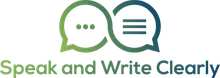Speak and Write Clearly logo: two speech bubbles, one green with three dots and one blue with three lines