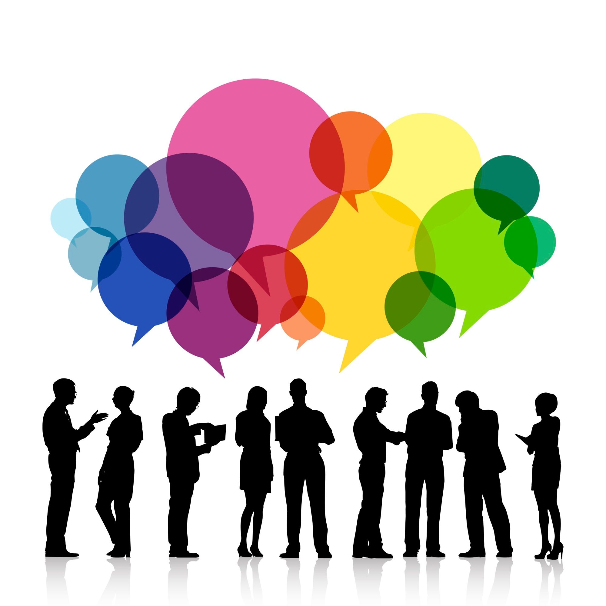 Silhouettes of nine people in conversation beneath a cluster of overlapping speech bubbles in blue, purple, red, yellow and green.